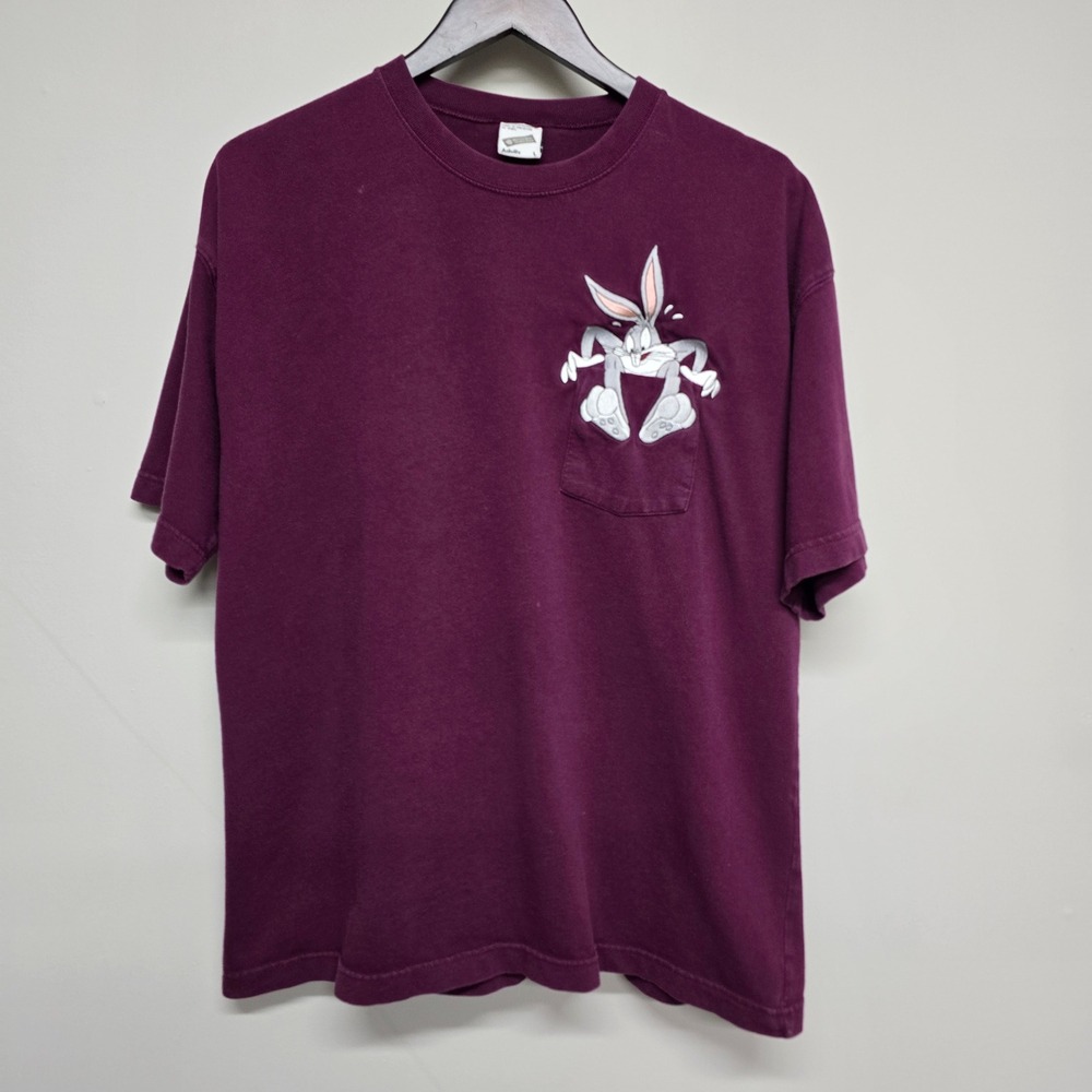 Warner Bros Bugs Bunny Pocket T-Shirt Men Large Purple Short Sleeve 90s Vintage